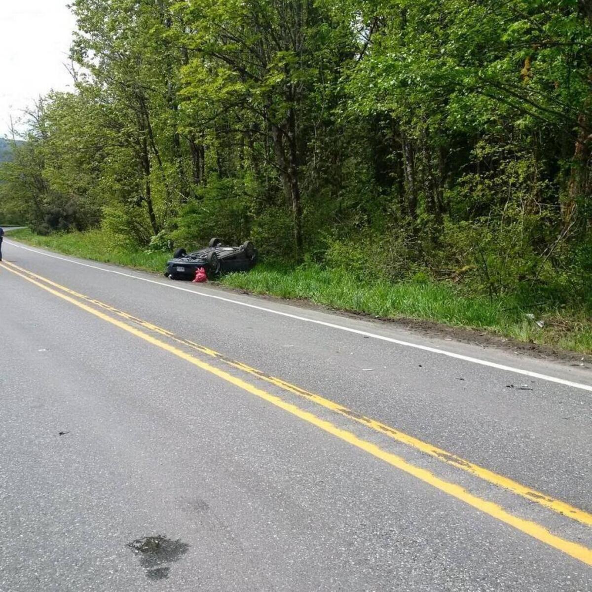 A man driving a Chevrolet Suburban crossed the centerline of Mount Baker Highway and drove into the path of this westbound Toyota Yaris, side-swiping that car and causing it to roll, according to the Washington State Patrol.