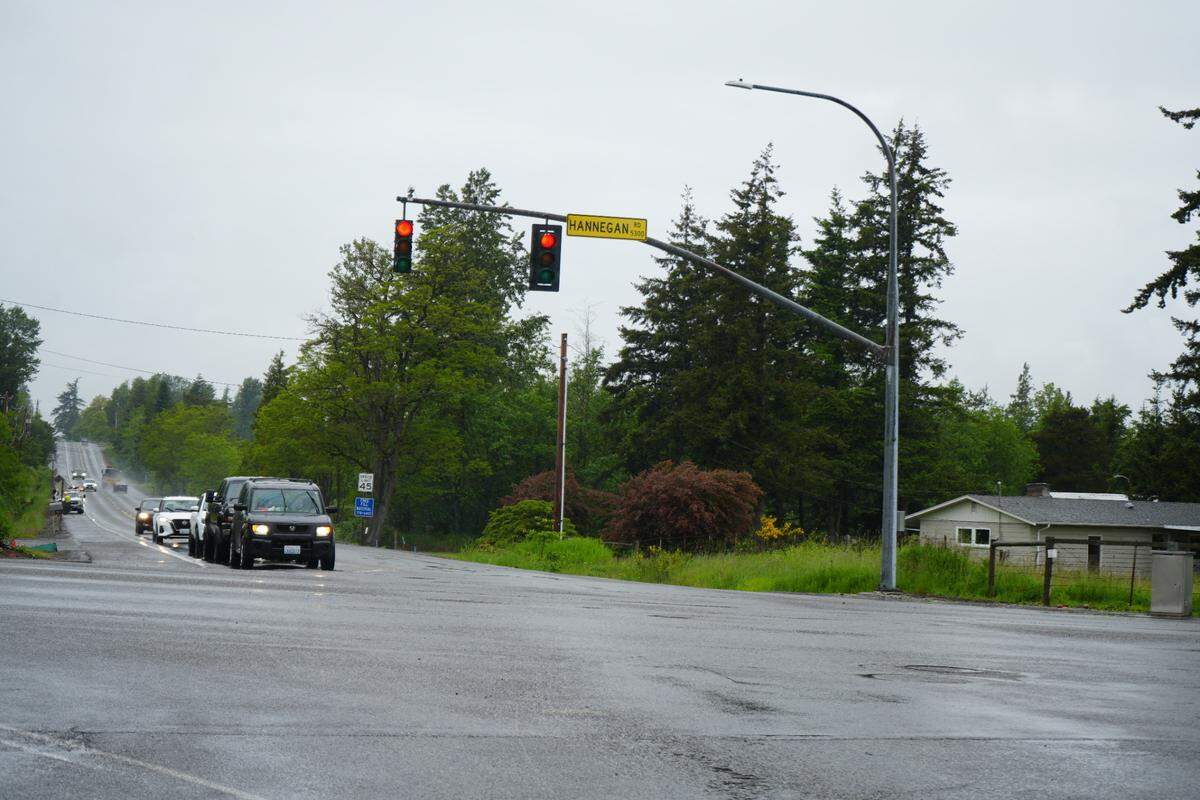 The four-way intersection of Hannegan Road and E. Smith Road functioned with stop lights on May 28, 2024, in Whatcom County, Wash. Construction was expected to begin on May 29 to convert the intersection into a multi-lane roundabout designed to enhance multimodal safety and improve traffic flow.