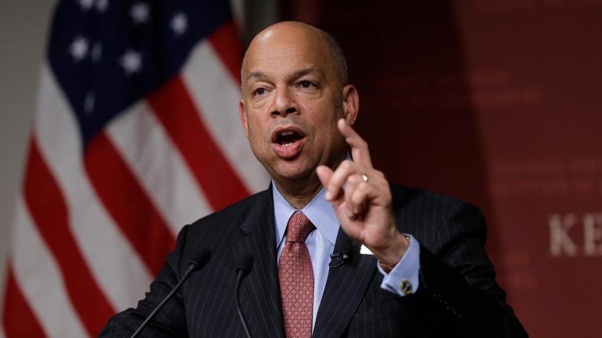 Homeland Security Secretary Jeh Johnson addresses an audience Monday, March 21, 2016 during a forum at John F. Kennedy School of Government on the campus of Harvard University, in Cambridge, Mass. To improve staff morale, he will unveil a new strategy Wednesday to unify the 226,000 employees, including those from United States Customs and Border Protection.