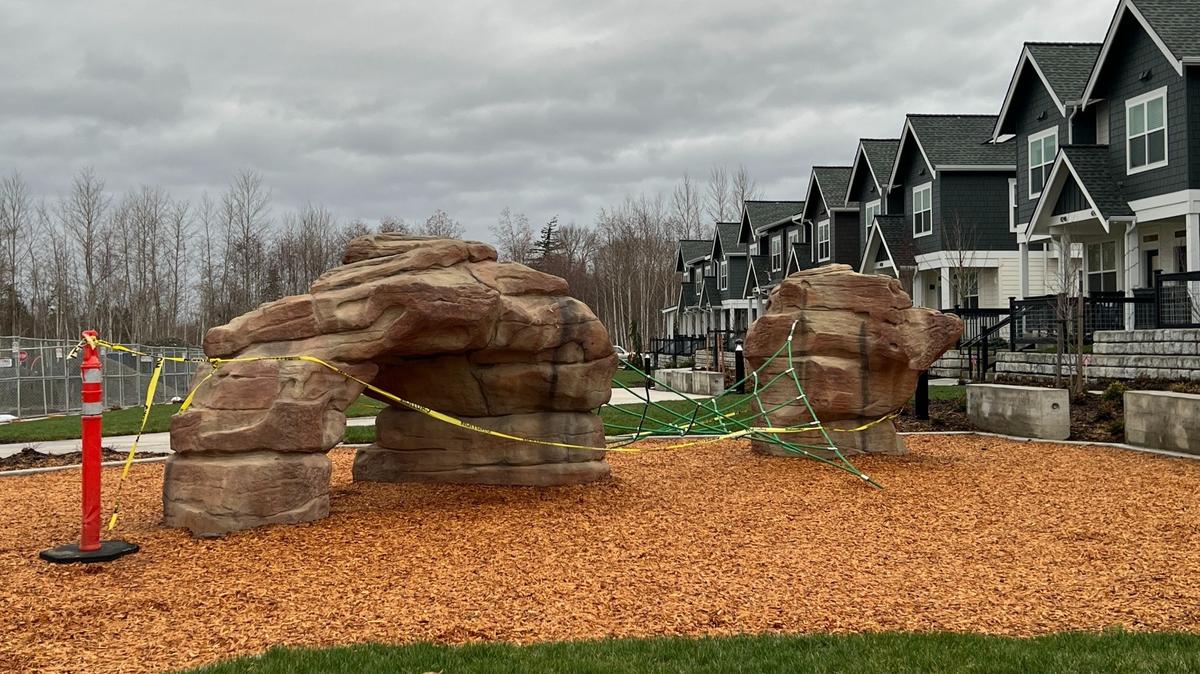 Rocks for climbing and a “bamboo jungle” play structure are featured at Northern Lights Park, which is opening in March 2025 north of Costco in Bellingham, Wash.