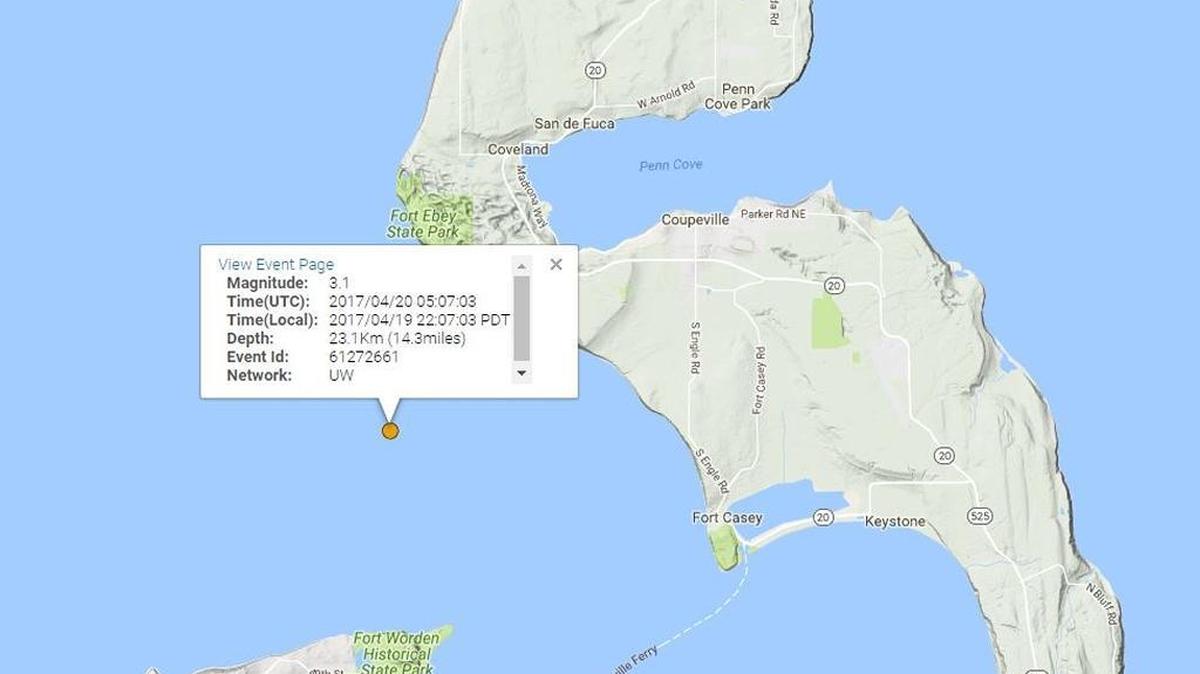 Map shows the location of Wednesday night’s earthquake southwest of Whidbey Island.