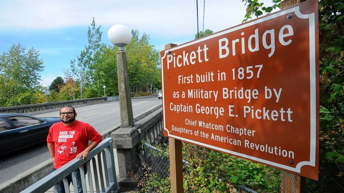 Edgar Franks, the civic engagement coordinator at Community to Community, stands on the Pickett Bridge in Bellingham, Thursday, Aug. 27, 2015. Franks would like to start a community discussion about changing the name of the bridge. George Pickett was a U.S. Army captain in Bellingham before he became a Confederate general in the Civil War.