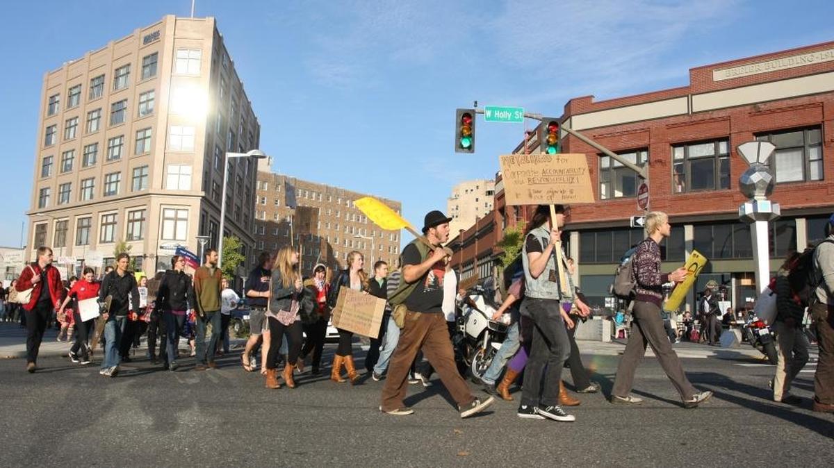 Protests about the Vietnam War and other issues were a big part of the hippie era in Bellingham during the 1960s and ’70s. The Occupy Wall Street movement re-energized the local scene in October 2011, when hundreds of protesters marched from Western Washington University to Maritime Heritage Park to support Occupy Bellingham.