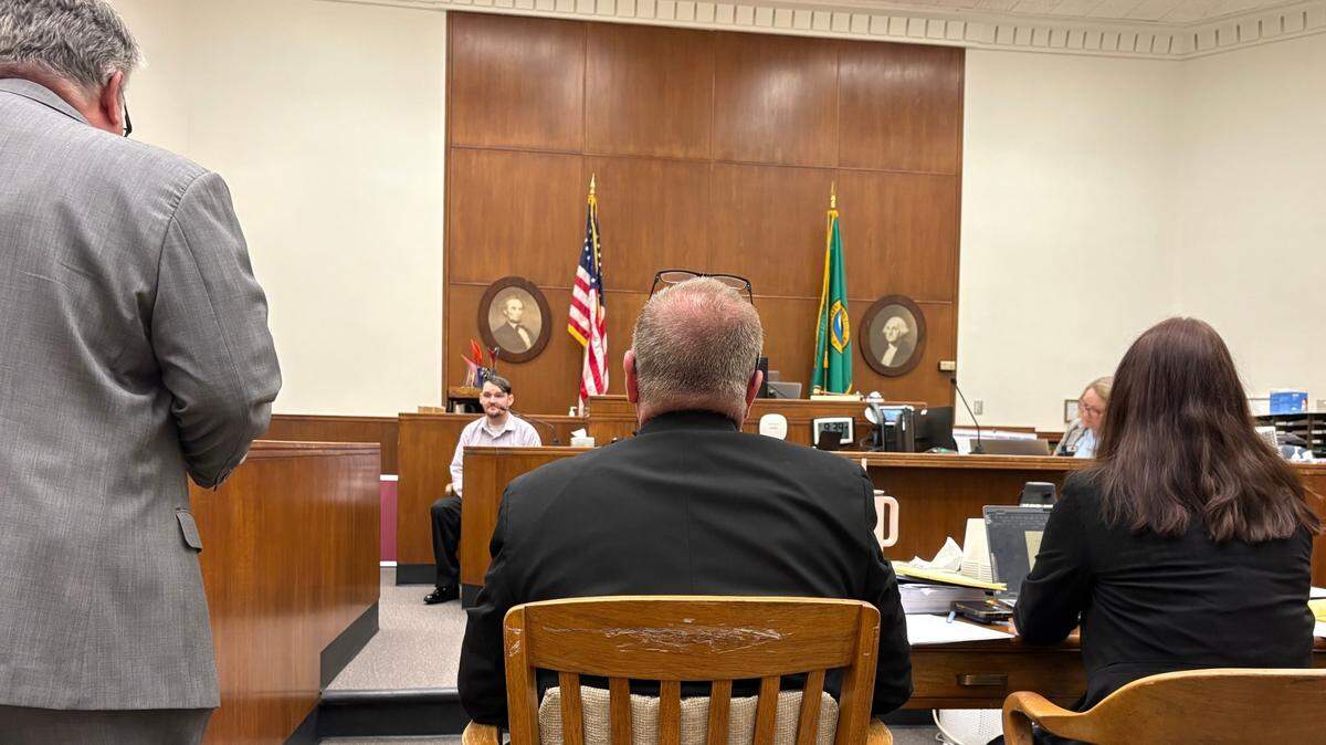 John Thomson, who was charged with first-degree murder, testifies during his April 2025 trial in Whatcom County Superior Court.