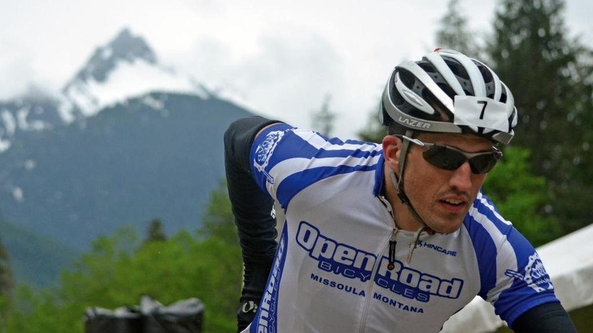 Scott Lipp of the Big Big Bellies team begins his 41-mile section of the Ski to Sea race with Mount Shuksan looming above Sunday, May 25, 2014, near Glacier, Wash.