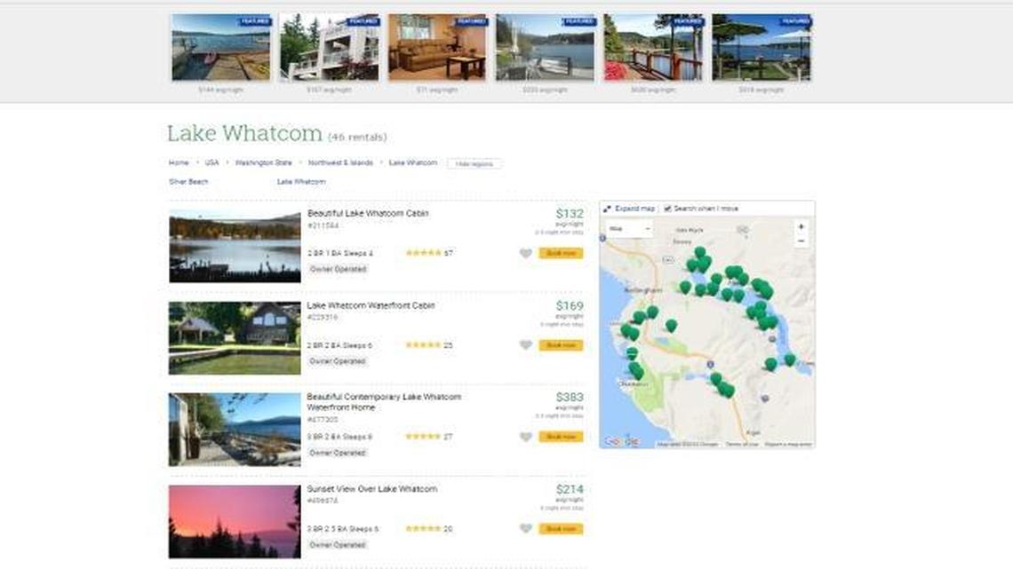 A screenshot of VRBO’s webpage Wednesday, Sept. 21 shows 46 rentals available in the Lake Whatcom area alone.