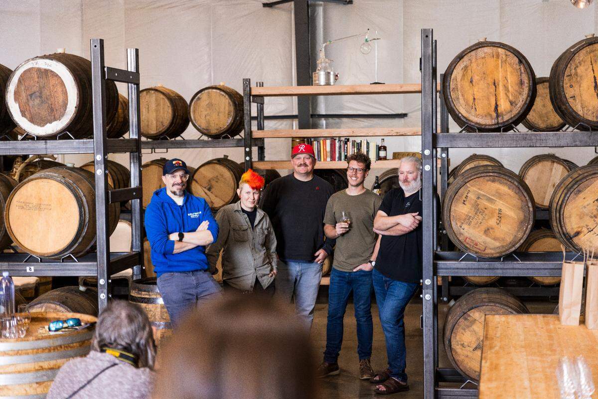 The Doc Swinson’s leadership team, from left: Keith Siedel, head of operations, co-founder; Marz Nixon, tasting room manager; Chief Marketing Officer Joe Mattson; Master Blender and co-founder Jesse Parker; and Chris Cearns, chief financial officer and co-founder.