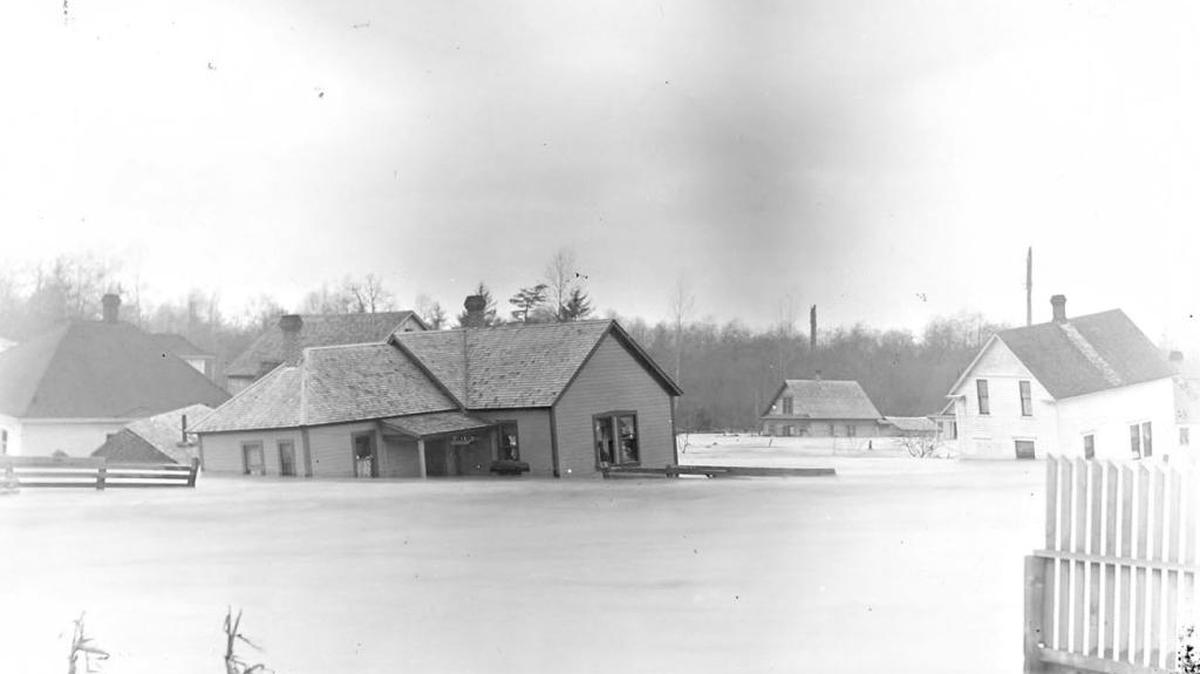Nooksack River flooding in late November and early December 1909 destroyed and damaged several buildings in the south part of Ferndale.