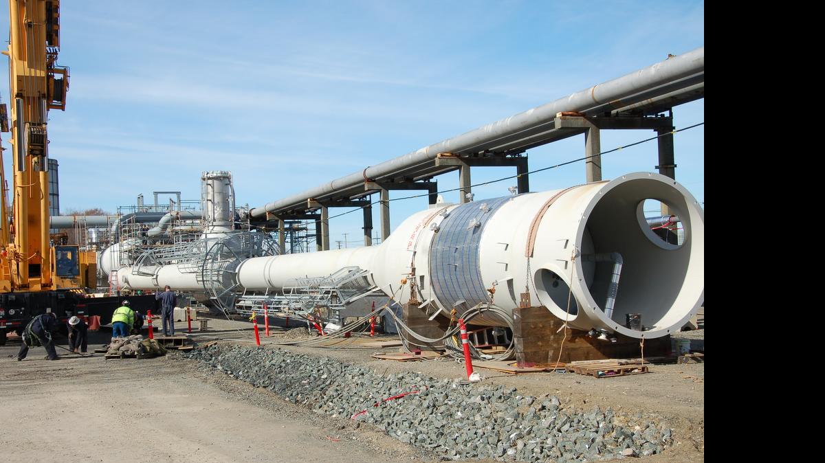 
Workers make preparations to install a 199-foot-tall safety flare system at the Phillips 66 Ferndale Refinery on March 10, 2015. This state-of-the-art system will be more efficient, both from an energy and environmental perspective.
