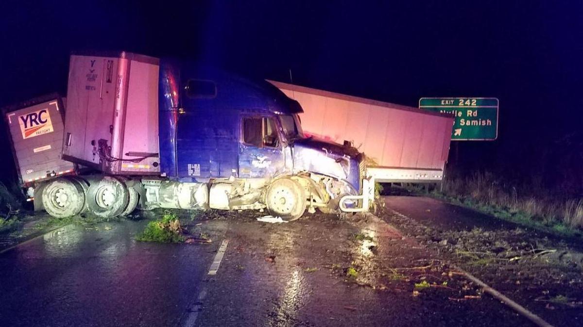 A crash was blocking all lanes of southbound Interstate 5 Thursday morning, Nov. 30, south of Bellingham, Washington.