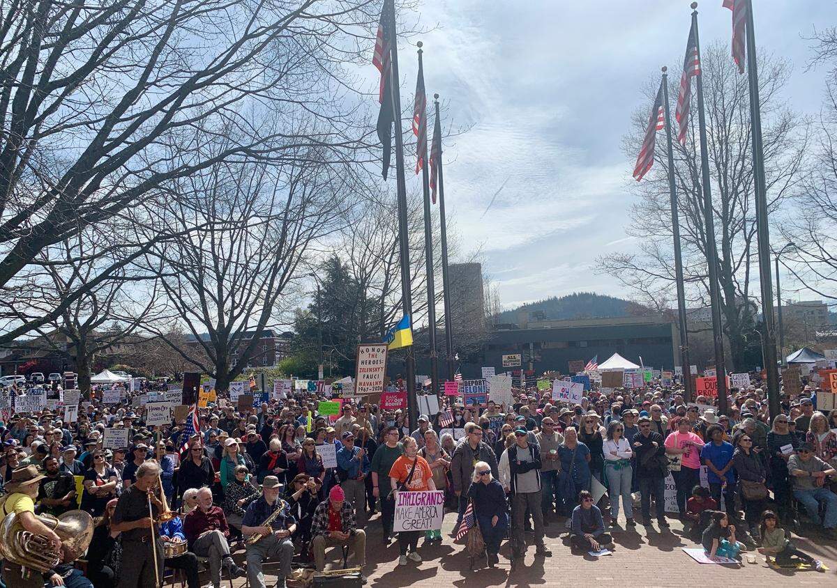 The crowd at Bellingham City Hall for Saturday’s Hands Off! protest, organized by Indivisible Bellingham.