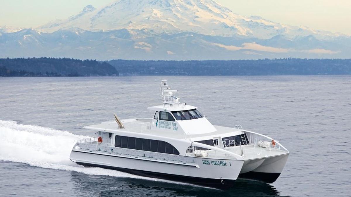 Aerial photography of Rich Passage 1 low wake passenger ferry, which was built in 2011 by Bellingham’s All American Marine. The two new ferries All American will build for Kitsap Transit will be similar in design.