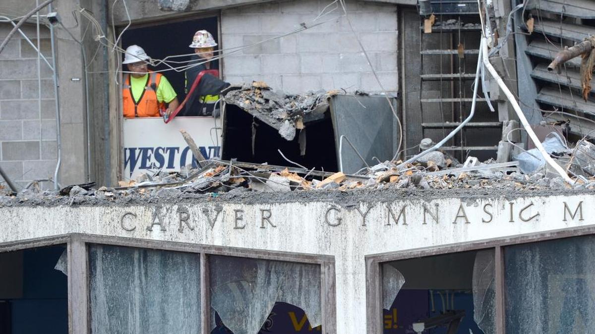 
Western Washington University's Carver Gym has seen better days as the demolition phase of the remodeling project continues Thursday, Oct. 8, 2015, in Bellingham. The $70 million Carver Academic Facility should be finished in 18 months to two years.
