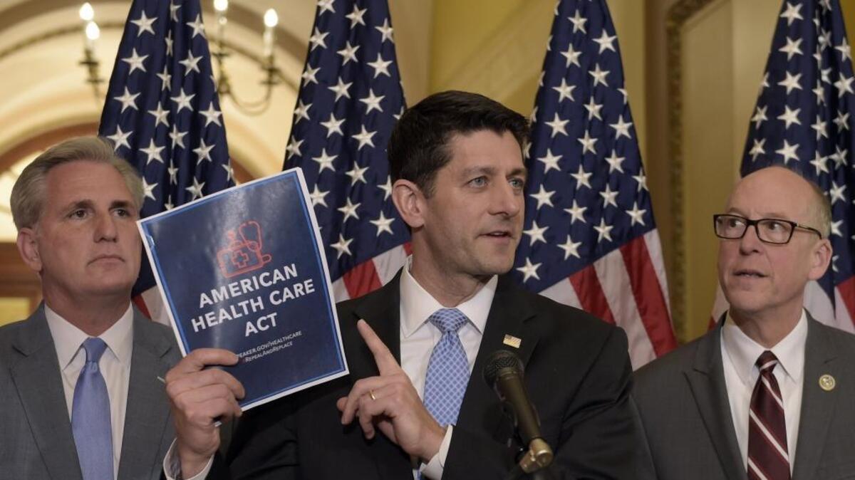 House Speaker Paul Ryan, center, standing with Energy and Commerce Committee Chairman Greg Walden, R-Ore., right, and House Majority Whip Kevin McCarthy, R-Calif., left, speaks during a news conference on the American Health Care Act on Capitol Hill in Washington, March 7, 2017. “The Future of Affordable Care: Threats and Opportunities” will be the focus of an April 20 forum at St. Luke’s Community Health Education in Bellingham.