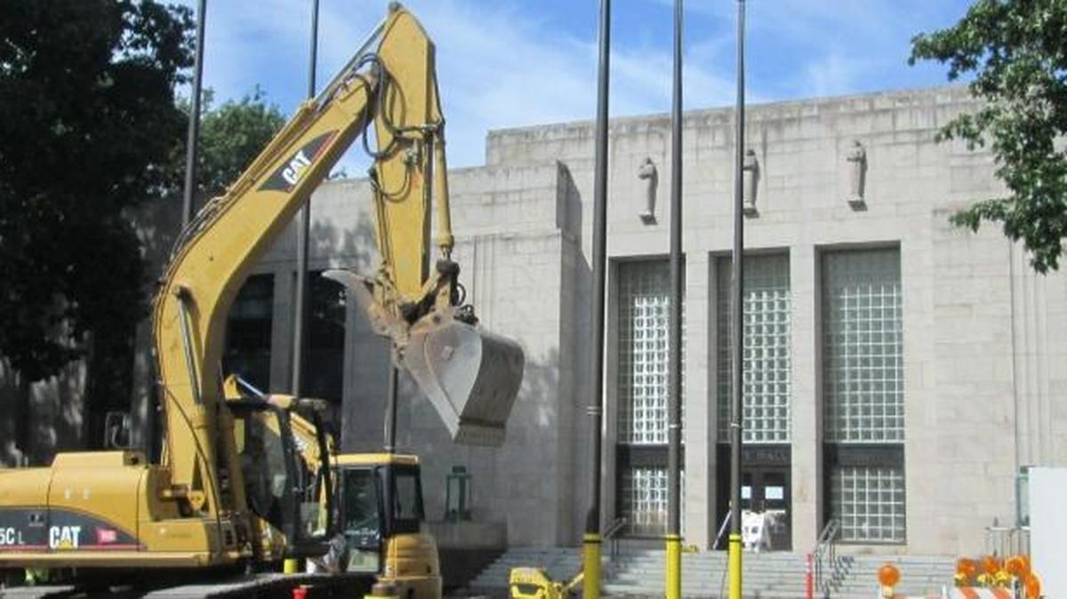 Construction work has begun in front of Bellingham City Hall to fix uneven walking surfaces and electrical systems.