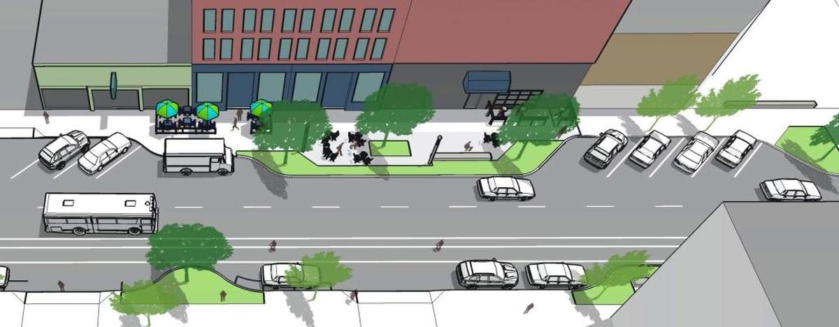 This rendering of a conceptual plan for State Street between Holly and Chestnut streets shows diagonal parking, widened sidewalks and a bicycle lane set apart from vehicle traffic.