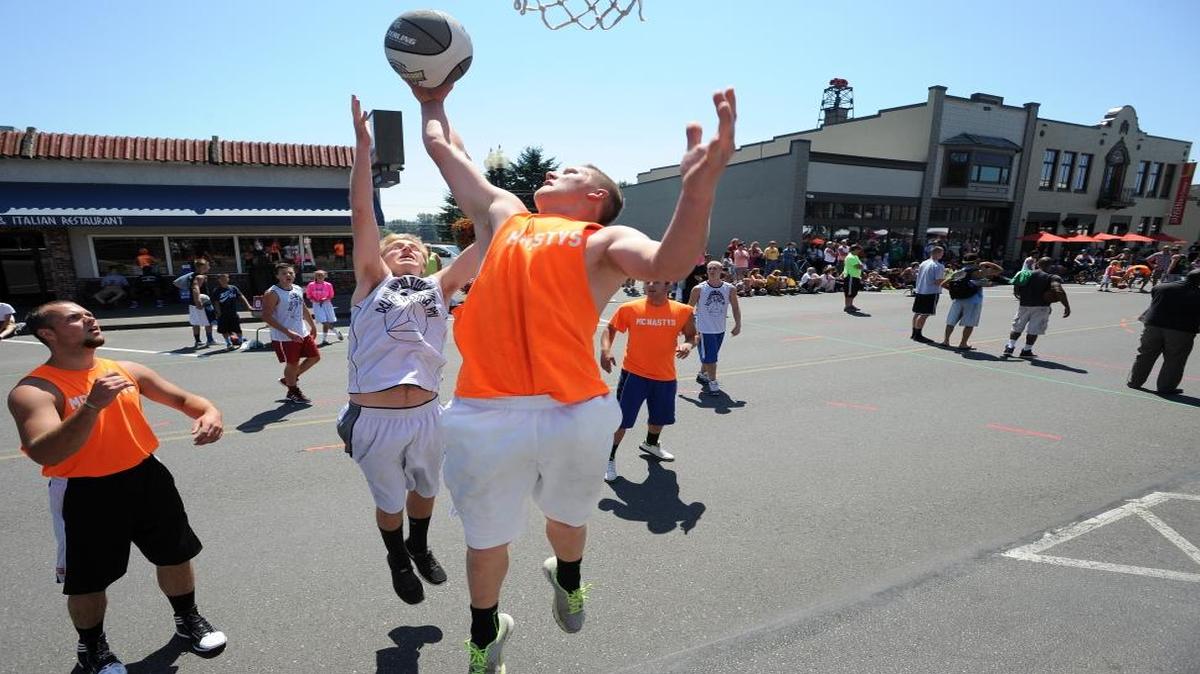 A 3-on-3 tournament is one of the highlights of the Lynden Raspberry Festival held on the streets of downtown Lynden each year. Lynden is one of 25 small cities in the running in a national contest to pick the best Main Street in America.