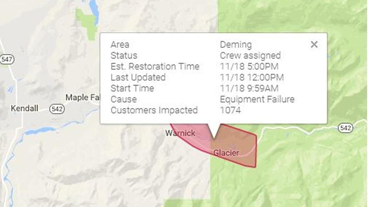 Puget Sound Energy’s outage map shows an outage affecting 1,074 customers in an area near and northwest of Glacier. Crews have been assigned to make repairs, and are expected to be finished by 5 p.m.