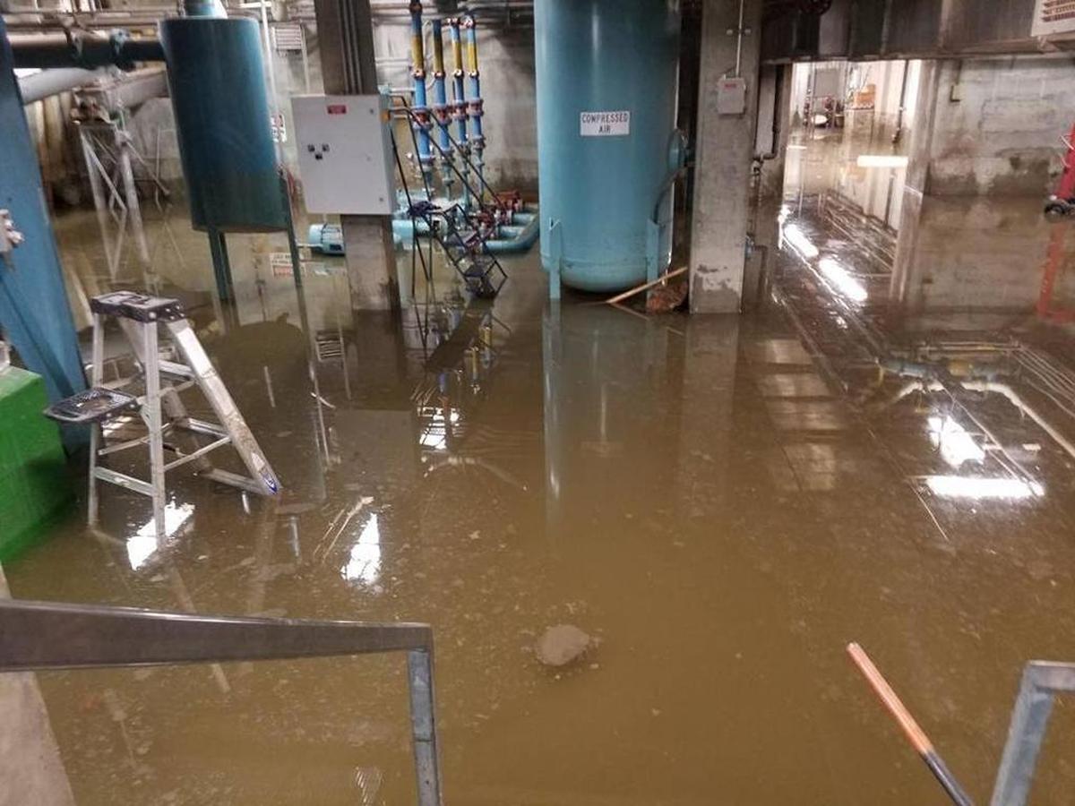 Treated wastewater from a broken pipe floods the underground “gallery” at the Post Point sewage treatment plant on May 6.