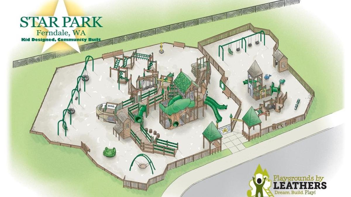 Star Park’s features, depicted in this rendering, include a rocket ship and treehouse. The park was designed with ideas from Ferndale schoolchildren.