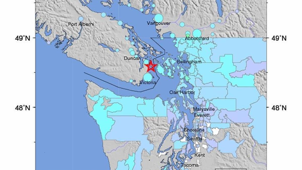 This U.S. Geological Survey map of the Dec. 29, 2015 earthquake centered near Sidney, B.C., is based on responses provided to an online questionnaire by people who experienced the quake. An intensity value is assigned to each community based on zip codes.