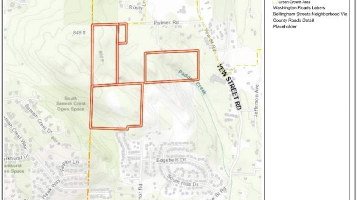 A city of Bellingham map shows the approximate location of 66 acres of land the city is buying for $4 million to make a future trail connection between Lake Padden to the south and Whatcom Falls Park to the northeast. The deal was announced Monday.