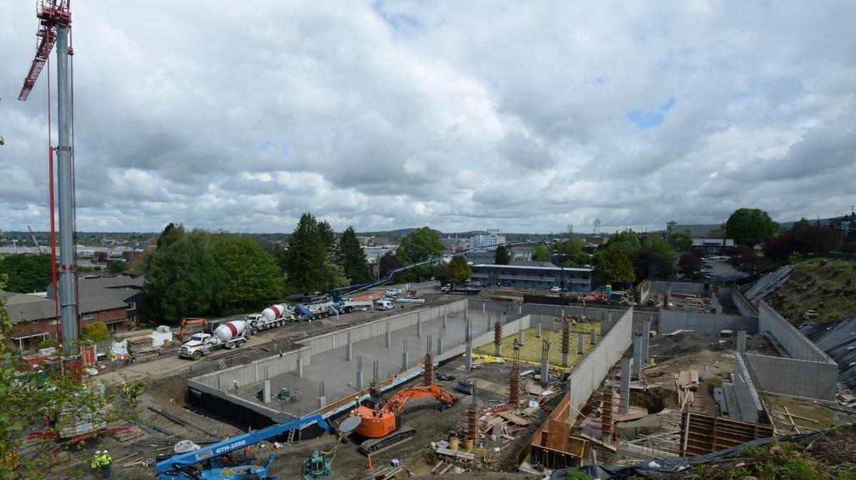 Construction continues Monday, April 25, 2016, at Gather Bellingham, on Forest Street in Bellingham. The 145-unit, 423-bed facility geared toward college students is scheduled to open in fall 2017.