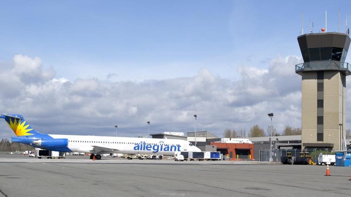 An Allegiant Airlines jet sits at Bellingham International Airport in April 2014. Watch for Allegiant Airline’s Getaway Car and take a selfie with it for a chance to win “flights for a life” during a promotion that starts Wednesday.