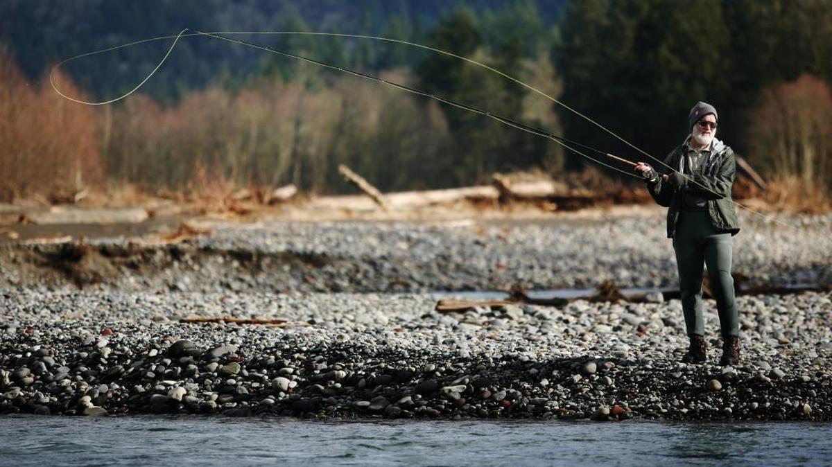 Ralph Lloyd of Ferndale fly fishes for steelhead in the south fork of the Nooksack River near Van Zandt on Jan. 28, 2009.