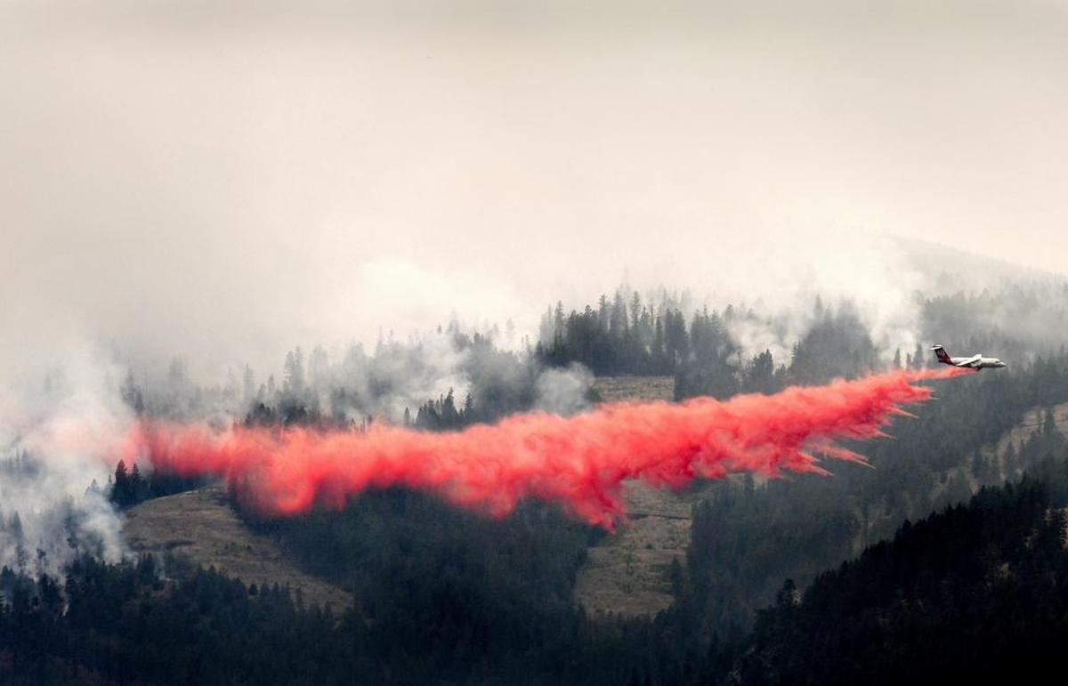 A bomber drops a load of fire retardant below the Lolo Peak fire creeping down the face of the ridge toward the Bitterroot Valley, Friday, Aug. 18, 2017 in Missoula, Mont.