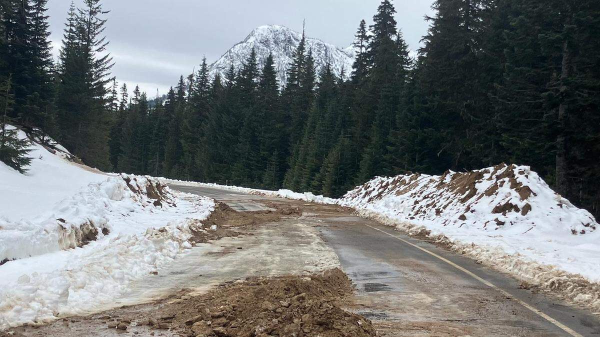 The North Cascades is covered in mud and rock after clearing efforts in a photo published Monday, April 15, 2024.