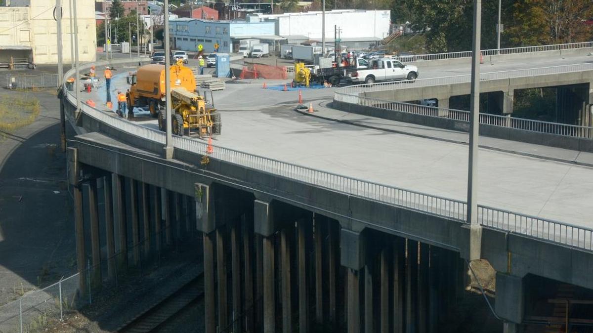 
Work continues on the Bay Street Bridge in Bellingham, Wednesday, Sept. 23, 2015. The bridge is set reopen to traffic at 7 p.m. Friday.
