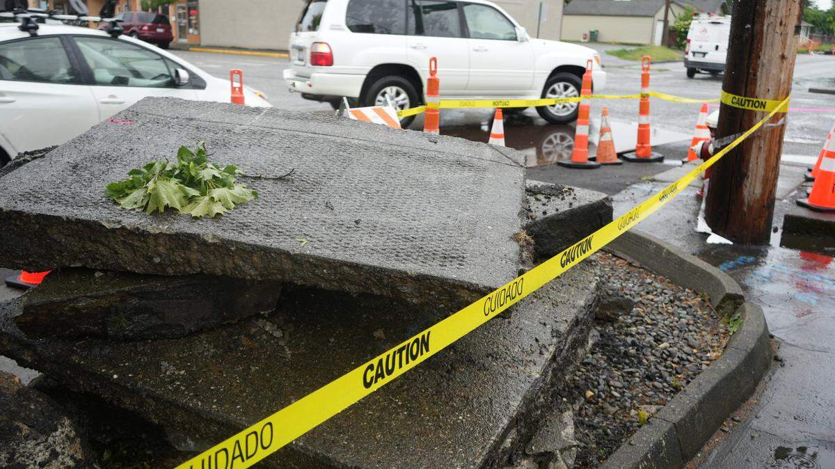 Concrete slabs are stacked on the corner of West Illinois and Meridian streets on May 28.