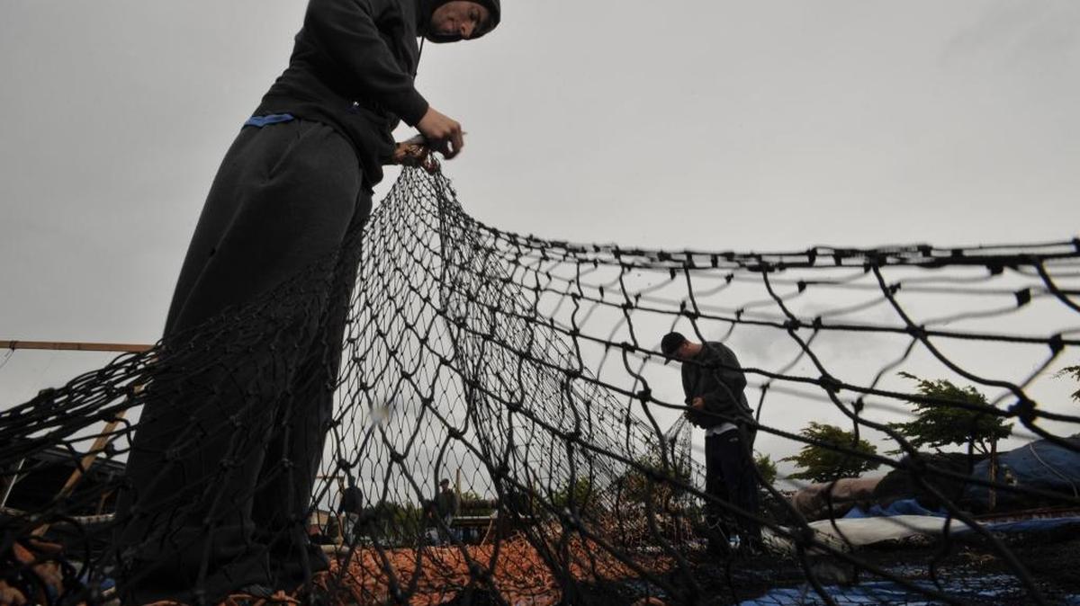 Crew members Trevor Alderfer, left, and Hank Knutson of the fishing vessel Vis, work on a salmon seine net in Squalicum Harbor, Monday morning, May 21, 2012 while preparing for the upcoming Alaskan salmon fishing season.