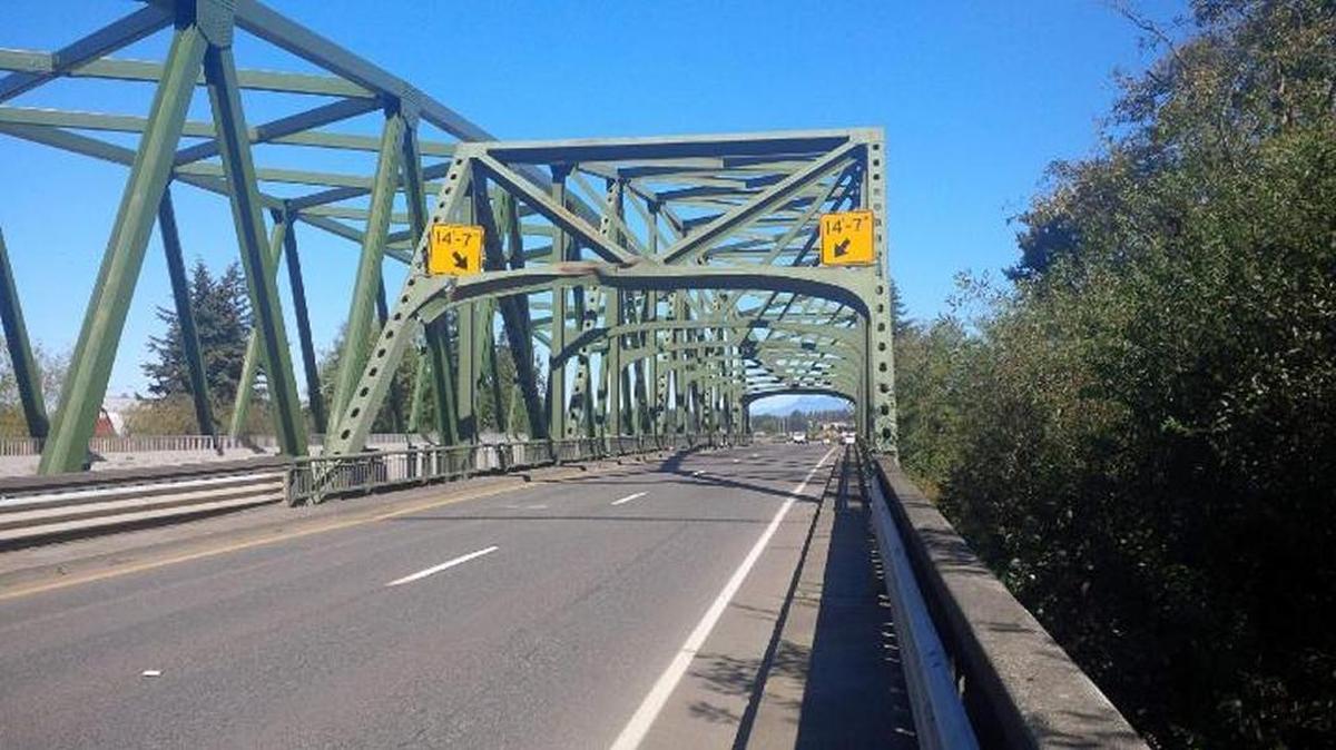 A bent crossbeam on the Nooksack River bridge at Guide Meridian is shown Monday, Sept. 12.