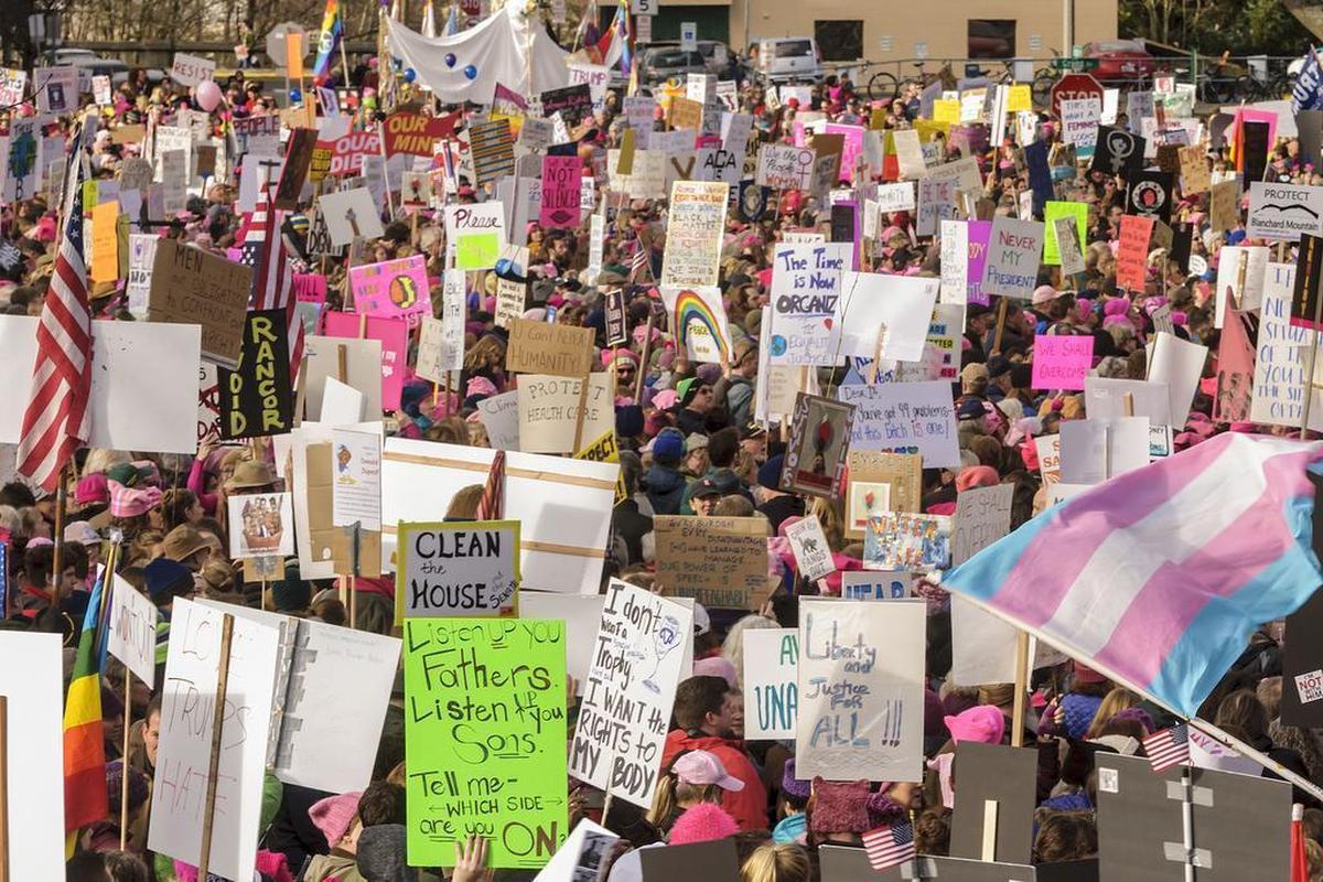 Thousands of marchers pack in front of Bellingham City Hall in preparation for the Women’s March on Bellingham Jan. 21, 2017, at Bellingham City Hall. Thousands gathered at city hall to protest the policies of President Donald Trump. Protests and marches were planned throughout the United States and in other countries.