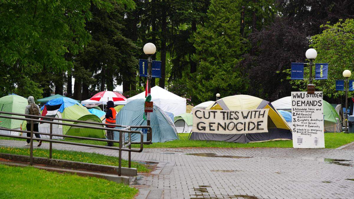 Dozens of tents remained set up on the lawn outside of Old Main at Western Washington University to protest the Israel-Hamas war on Tuesday.