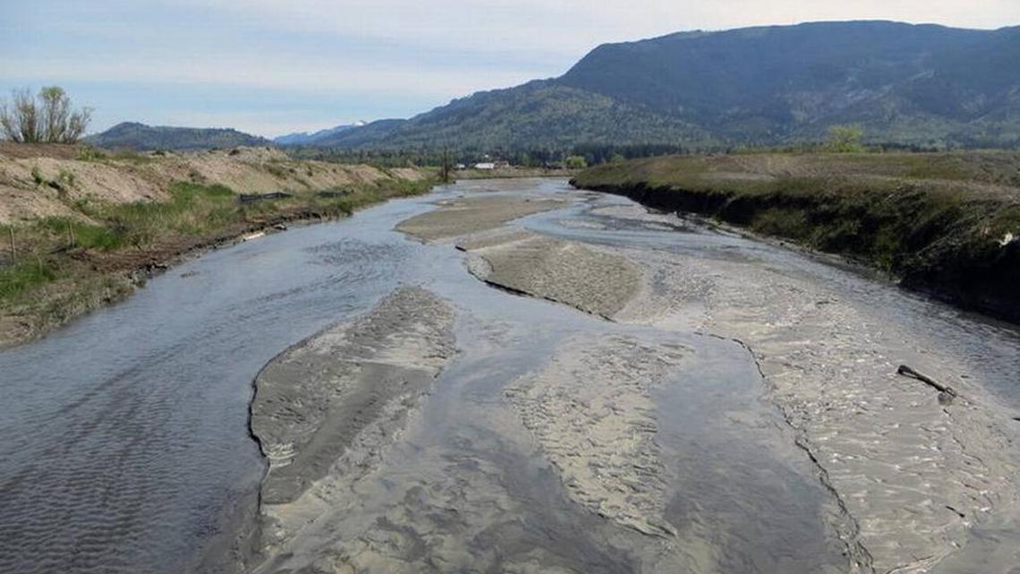
View of Swift Creek, looking east from Oat Coles Road bridge, in April 2014. The creek is filled with sediment. The berms on either side of the creek are made from dredged sediment.
