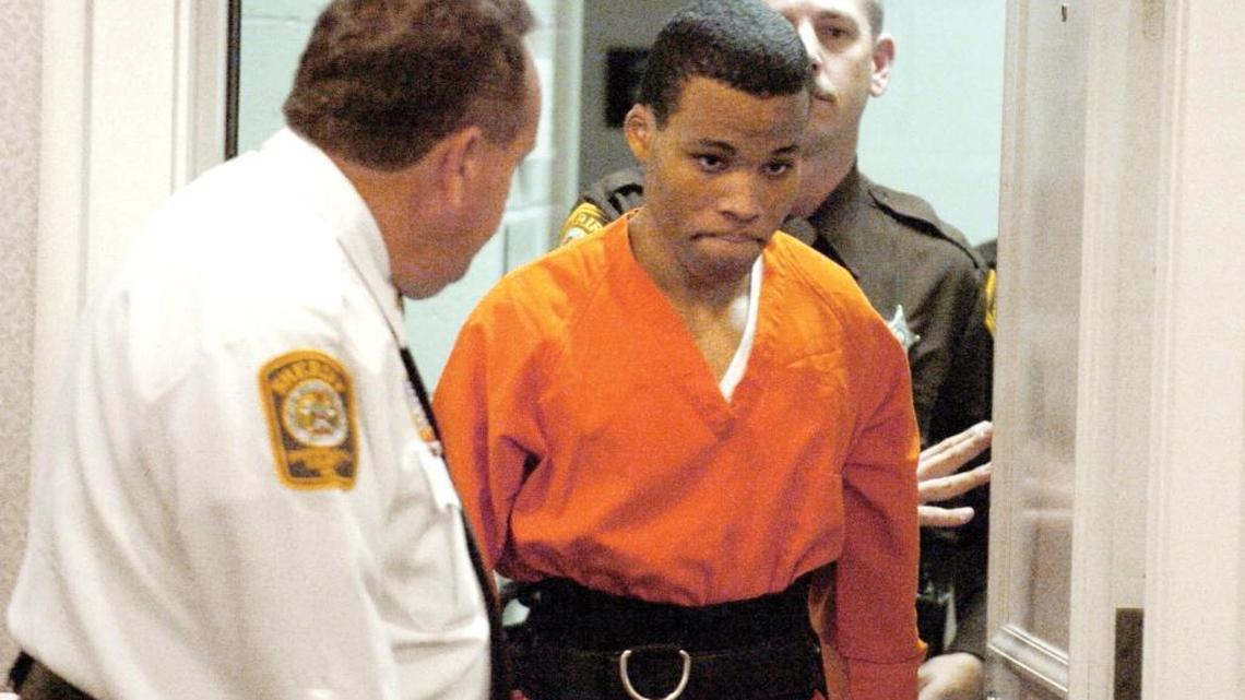 Sniper suspect Lee Boyd Malvo enters a courtroom in the Spotsylvania, Va., Circuit Court on Oct. 26, 2004. Malvo pleaded guilty and was sentenced to two life sentences for the murder of Kenneth Bridges and shooting Caroline Seawell in 2002.