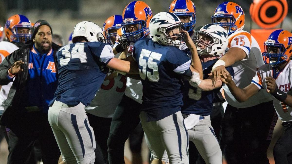 A brawl breaks out between Squalicum and Rainier Beach on Friday, Nov. 4, at Civic Stadium in Bellingham. Rainier Beach left the field with 4:15 left to play in the fourth quarter down 35-7 giving Squalicum the victory.