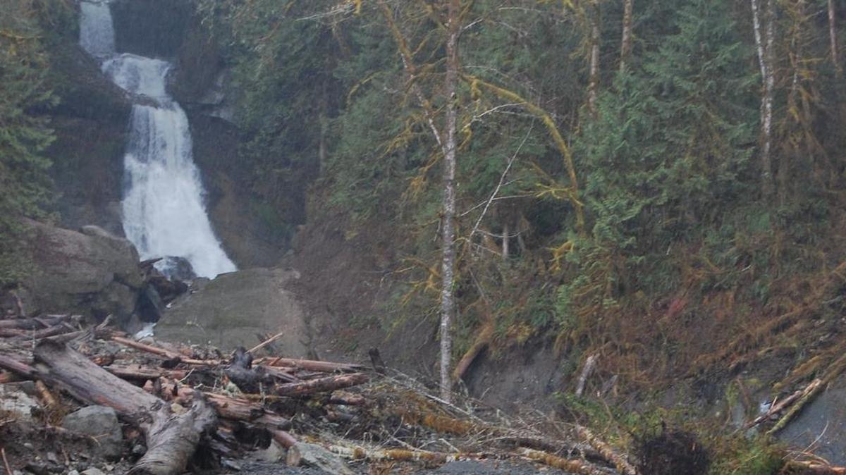 Racehorse Falls cascades over a series of rock ledges near the popular Racehorse Creek, which is in a steep gorge in the Mount Baker foothills.