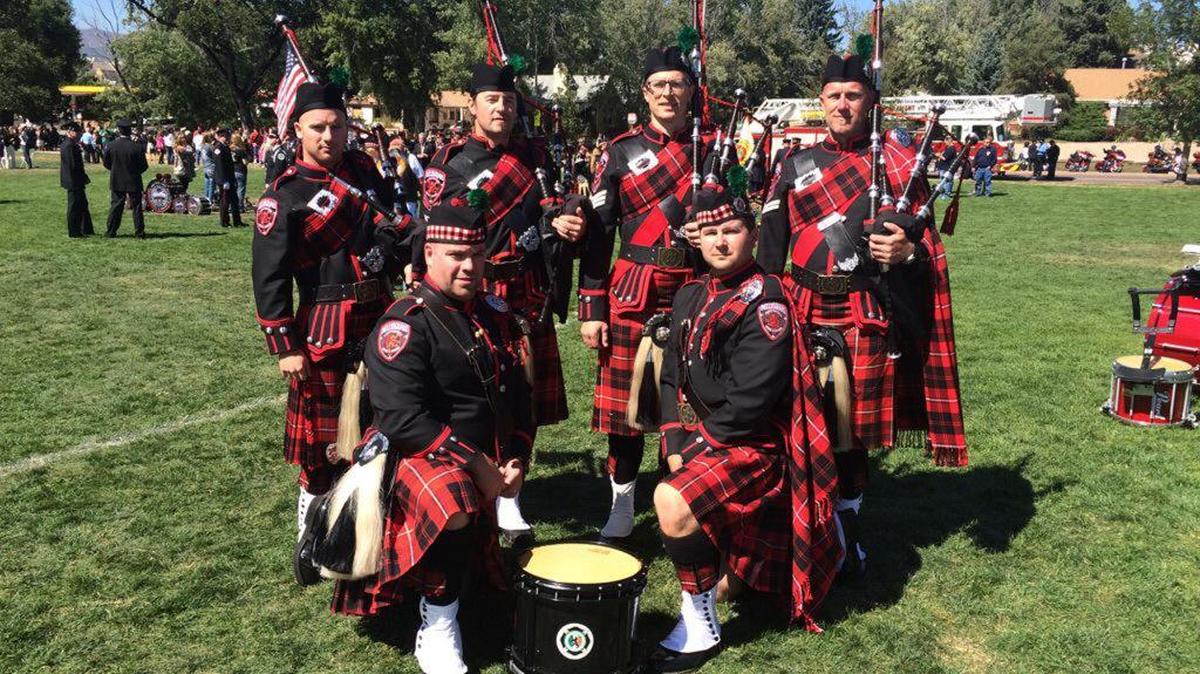 
Pipers at rear from left are Patrick Williams, PJ Burt, Jessie Ireland and John Geleynse. Drummers, foreground, are Tony Esser, left, and Kenneth Cunningham.

