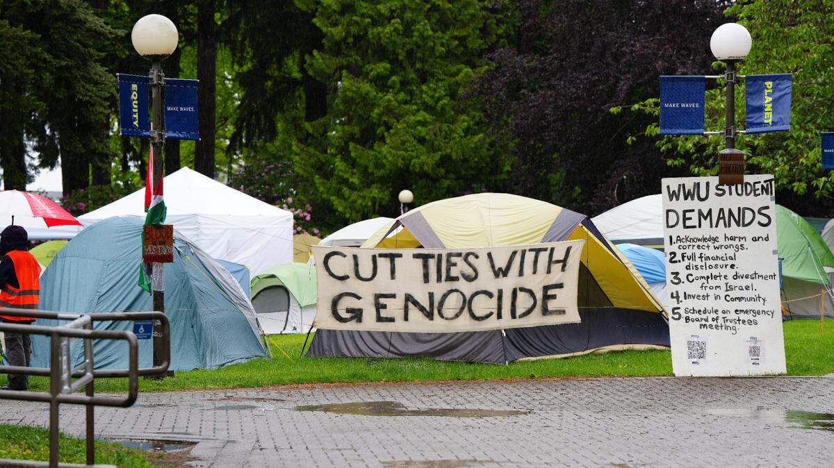 Dozens of tents were part of a protest village set up on the lawn outside of Old Main at Western Washington University last May to protest the Israel-Hamas war. Students called on the university to divest its investments in Israel.