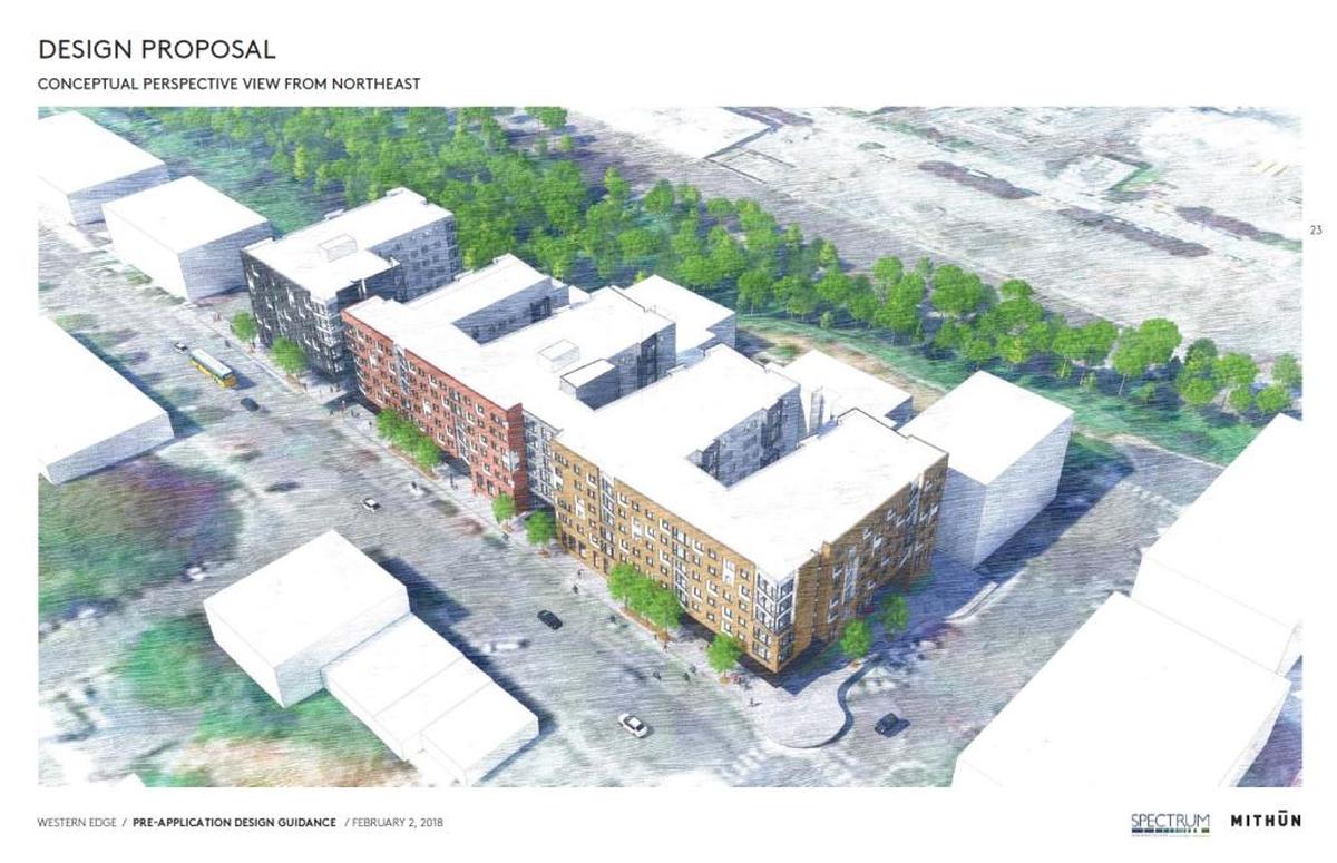 An artist rendering of what Western Edge might look like from the northeast. The proposal calls for two six-story buildings that would have 486 beds for student housing.