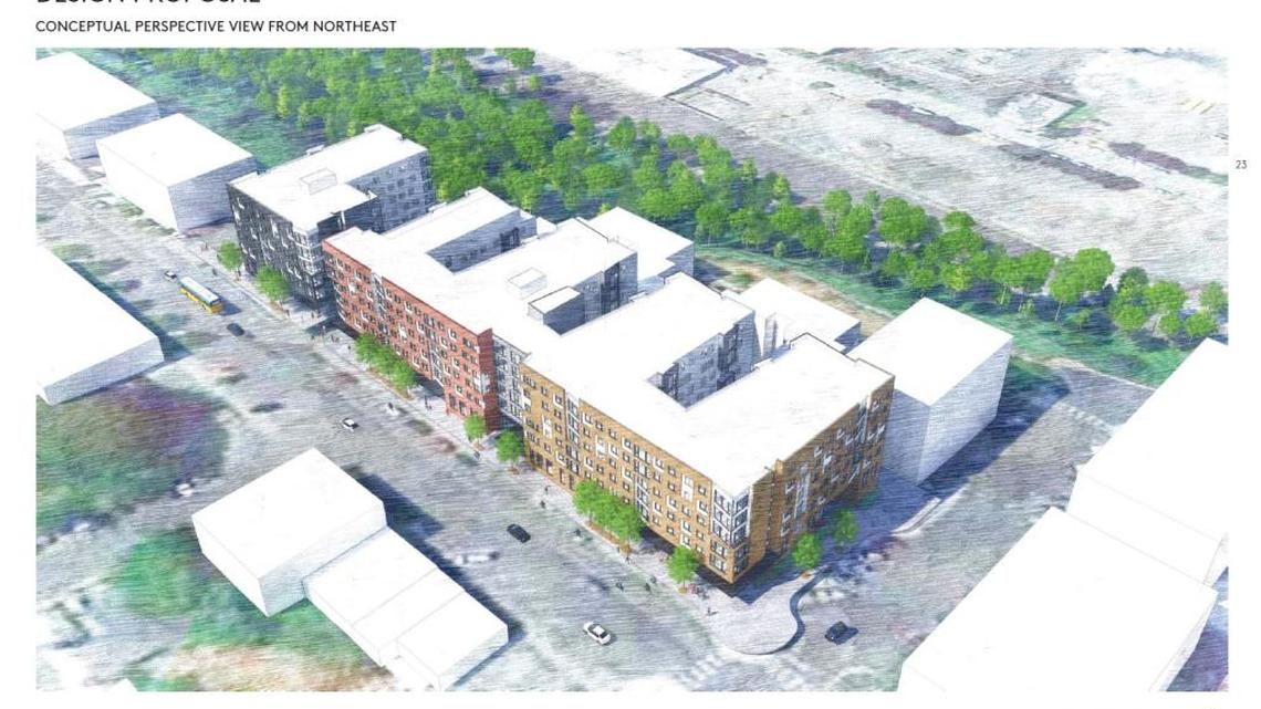 An artist rendering of what Western Edge might look like from the northeast. The proposal calls for two six-story buildings that would have 486 beds for student housing.