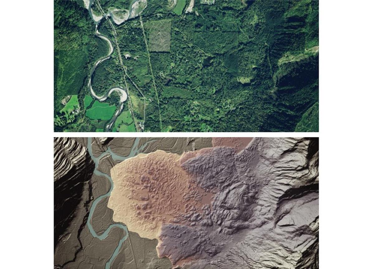 An aerial photo of the South Fork valley, top, and a lidar image that shows the massive landslide that contricts flow of the river to the west side of the valley.