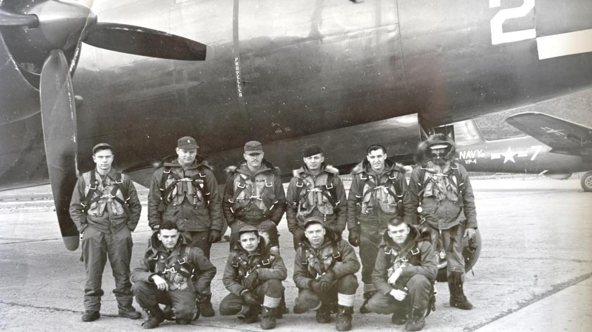 This 1951 photo shows John Lee of Bellingham, third from left in front row, with his crewmates who flew submarine patrols in the Bering Sea out of Kodiak, Alaska.