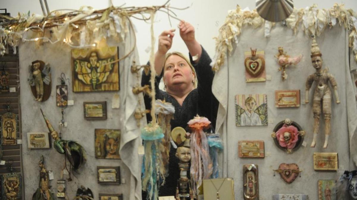 Mixed media artist Clarissa Callesen of Ferndale sets up her booth for the annual Allied Arts Holiday Festival of the Arts in 2012. This year’s festival at 4145 Meridian St. is open 10 a.m. to 7 p.m. daily through Christmas Eve.