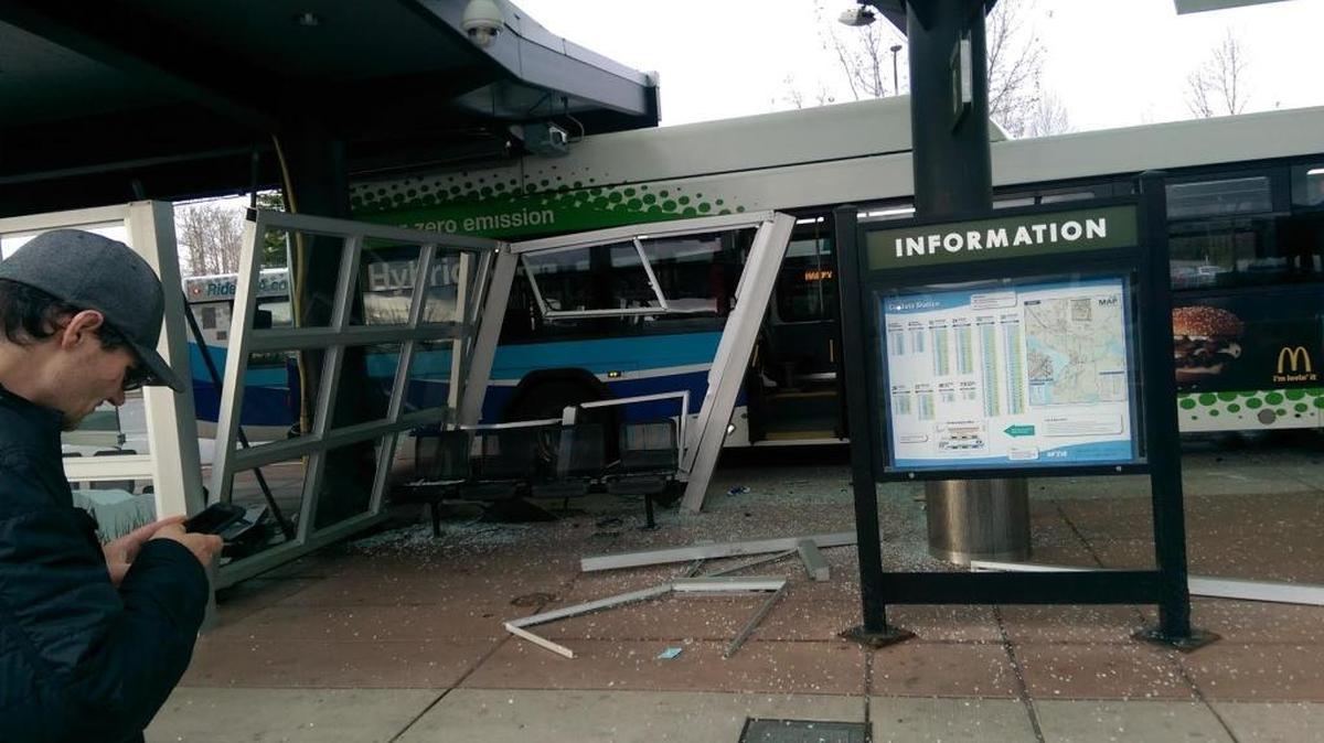 Authorities are investigating what caused this WTA bus to jump the curb at Cordata Station Wednesday morning.