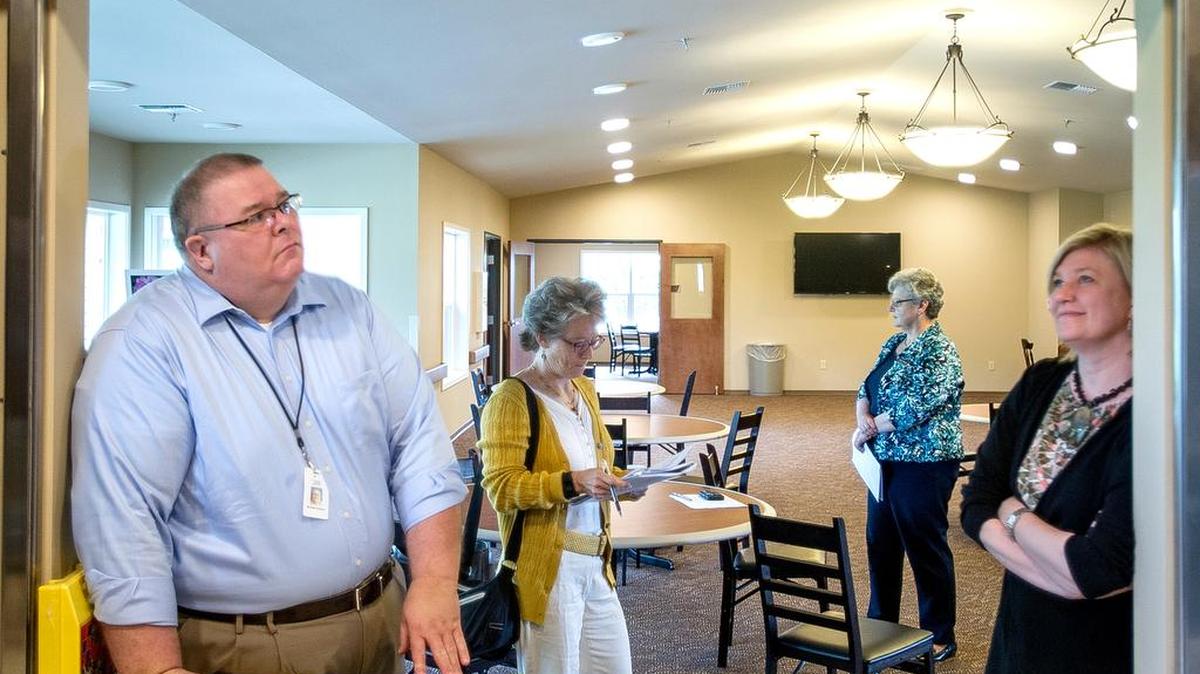 
Northwest Regional Council planners Michael Dunckel, left, and Kim Boon inspect the new Northwest Adult Day Health & Wellness Center with Anita Tallman, executive director of Christian Health Care Center, and activity coordinator and manager Mary Wynstra in Lynden on Wednesday, July 22, 2015. The facility will open Monday, Aug. 3.
